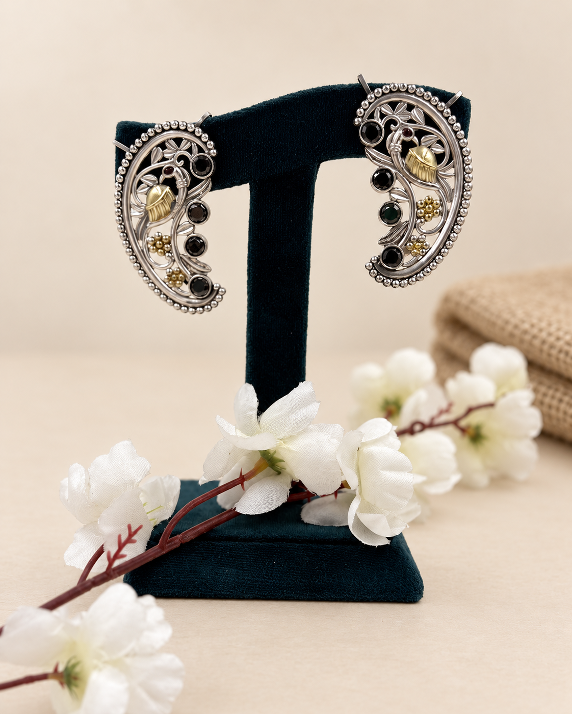 Oxidized Dual-Tone Peacock Ear Cuff Earrings