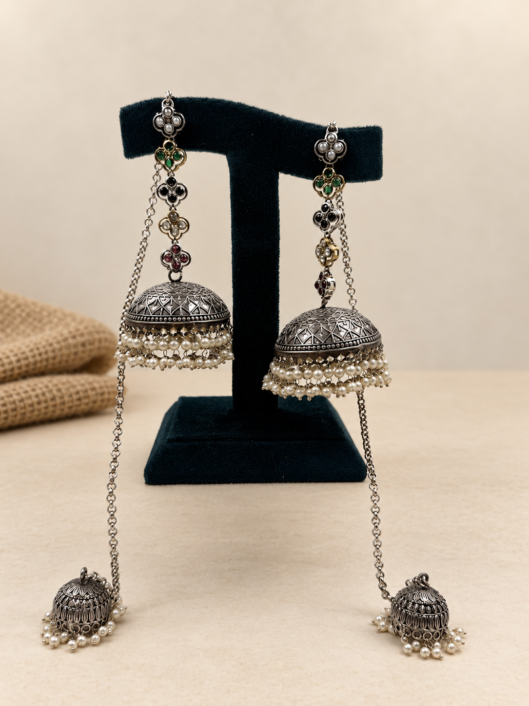 Oxidized Bahubali Hair-Chain Jhumka Earrings