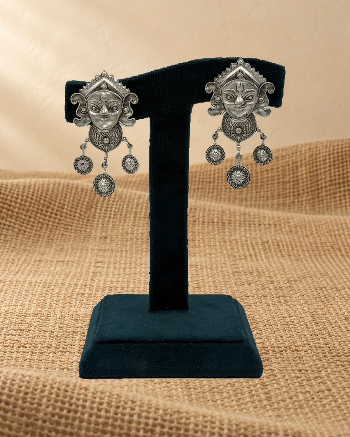 Dual-Tone Maa Durga Oxidized Dangle Earrings