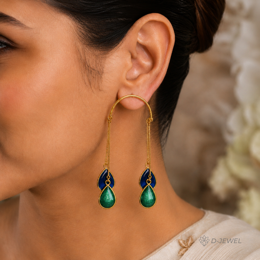 Green & Purple Meena Gold Plated Chain Drop Earrings