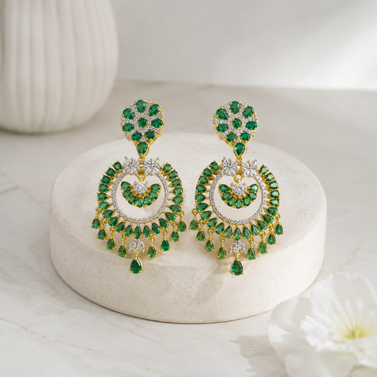 Emerald Green Crystal Chandbali Earrings for Festive Glam
