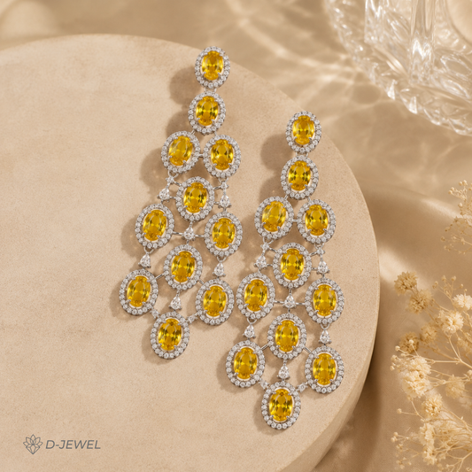 Yellow Crystal Chandelier Cocktail Earrings Silver Tone