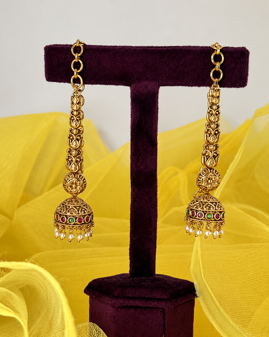 Long Paisley Kemp Temple Jhumka Earrings