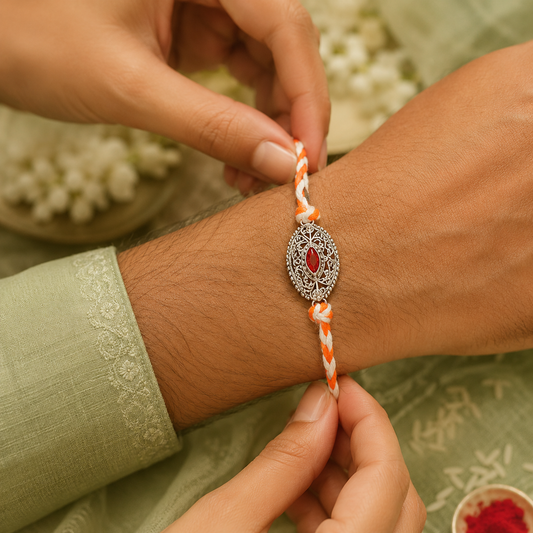 Antique Handcrafted 92.5 Silver Rakhi with Orange Stone