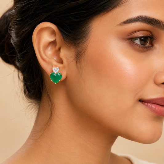 Green Emerald Heart Stud Earrings in Gold Plated Finish