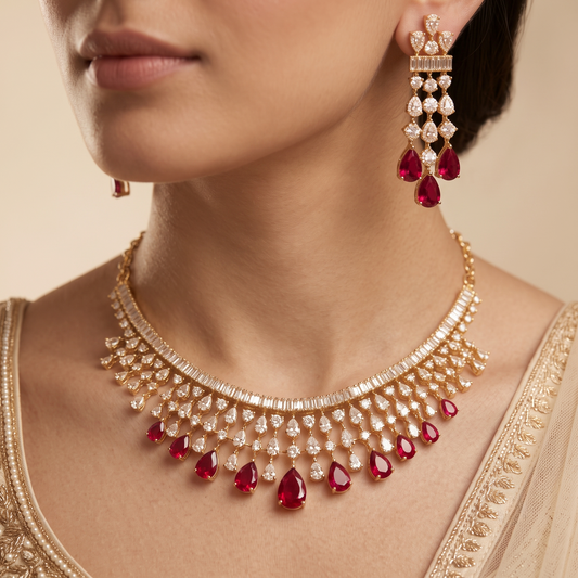 Red & White Chandelier Necklace Set with Drop Earrings
