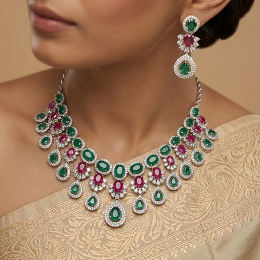 Emerald Green & Ruby Red Rhodium Necklace Set