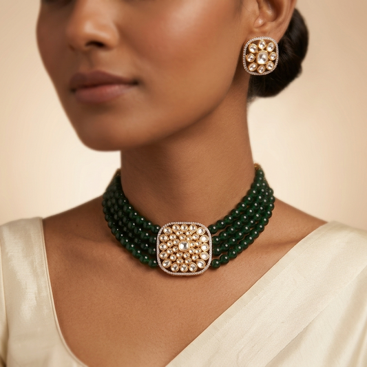Green Beaded Kundan Choker Necklace Set with Stud Earrings