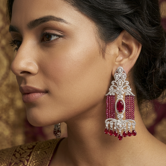 Designer Red Beaded Chandelier Earrings