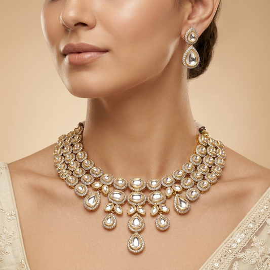 White Kundan Short Necklace Set with Drop Earrings