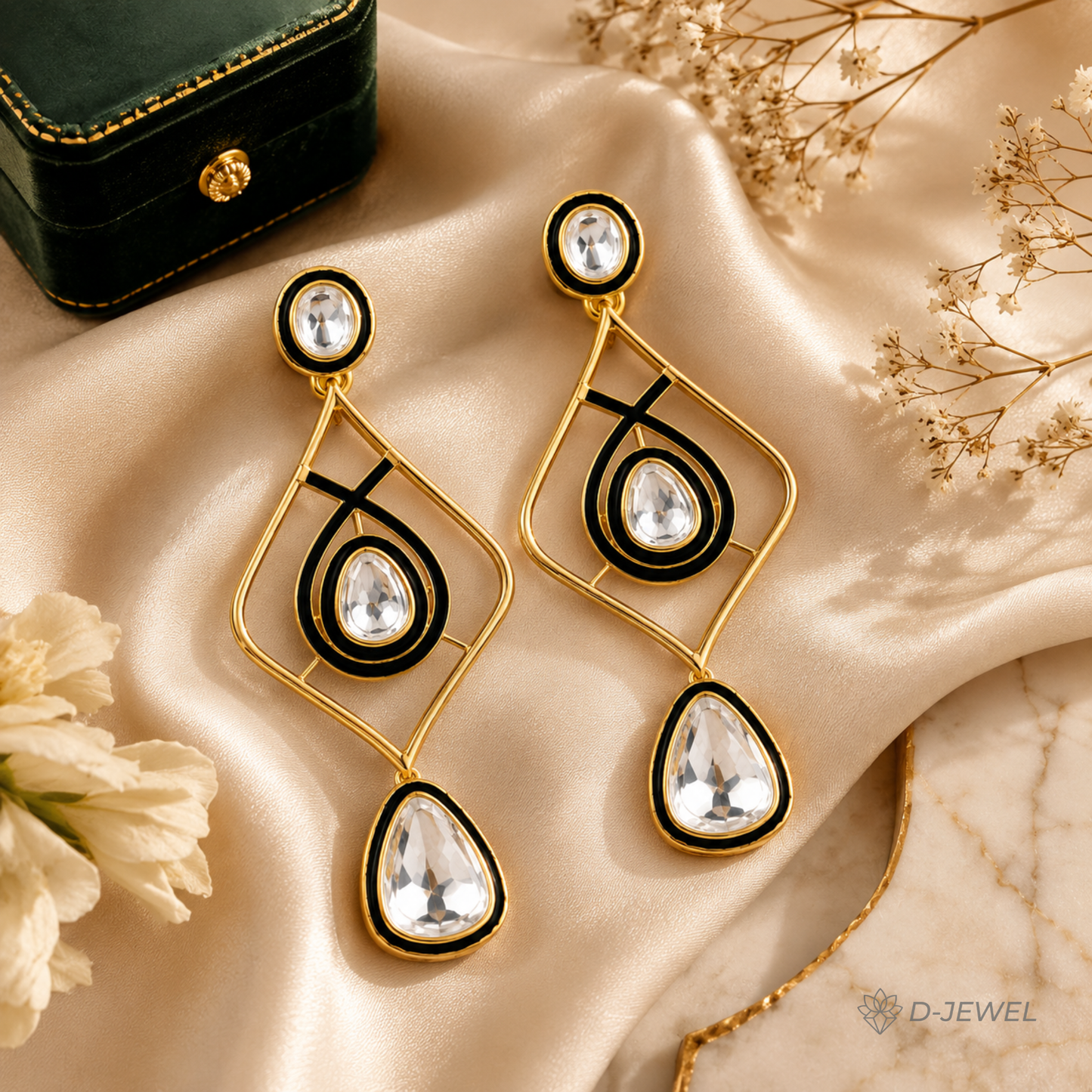 Green White Kundan Fashion Earrings with Enamel Detailing