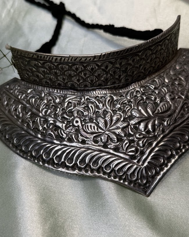 Two-Tier Peacock Lotus Oxidised Choker