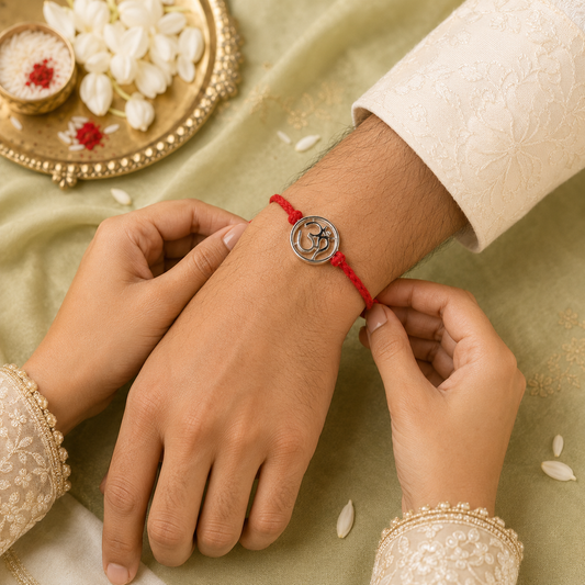 Om Handcrafted 92.5 Silver Rakhi with Red Thread