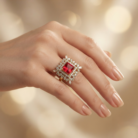 Square Cut Red Statement Cocktail Ring
