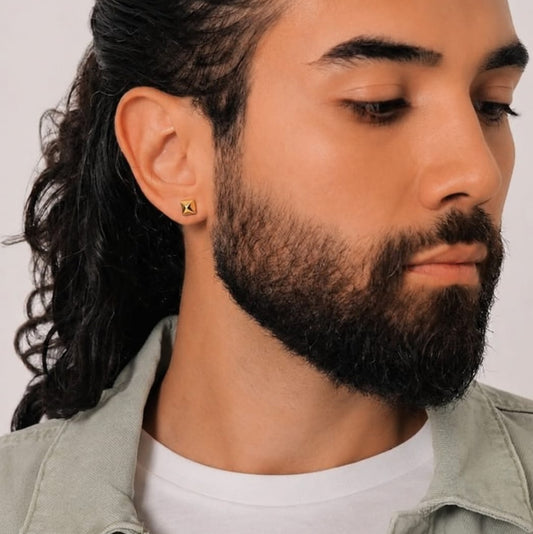 Men’s Pyramid Stud Earrings, 22KT Gold Plated