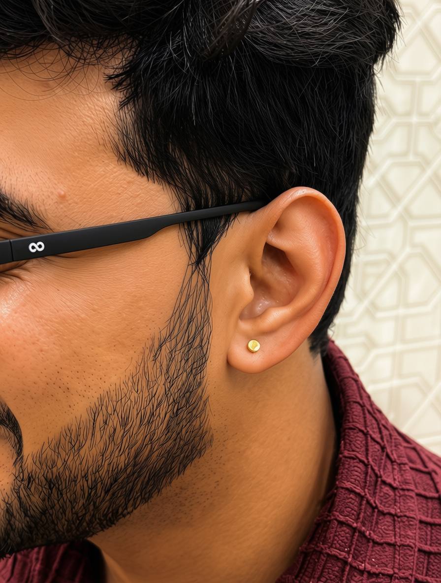 Men’s Minimal Round Stud Earrings, 22KT Gold Plated