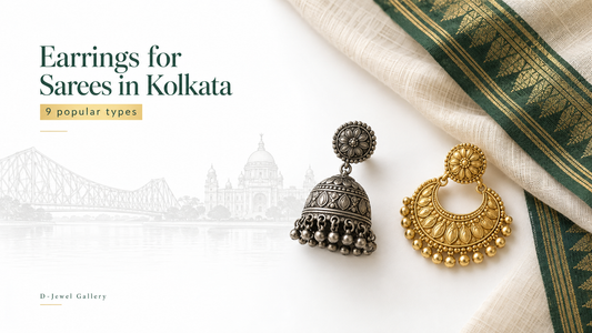 Gold and oxidised earrings styled with a Bengali handloom saree for Kolkata saree looks