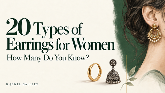 Blog cover for “20 Types of Earrings for Women” featuring a woman wearing a gold chandbali, with a gold hoop and oxidised jhumka beside the headline.