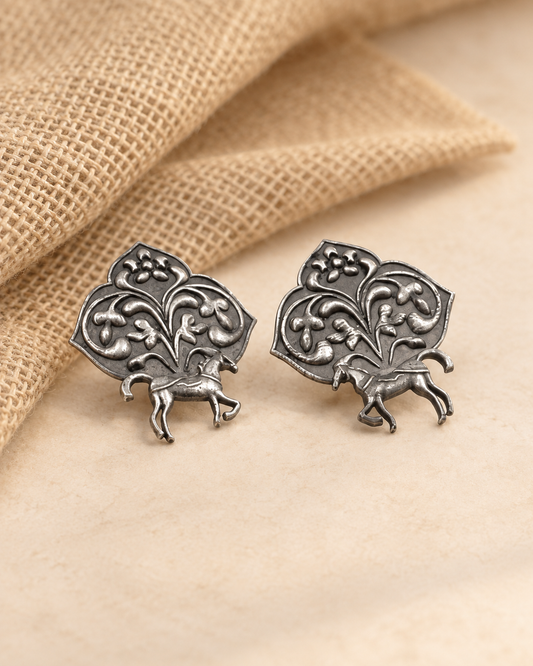Oxidized Horse & Floral Brass Stud Earrings