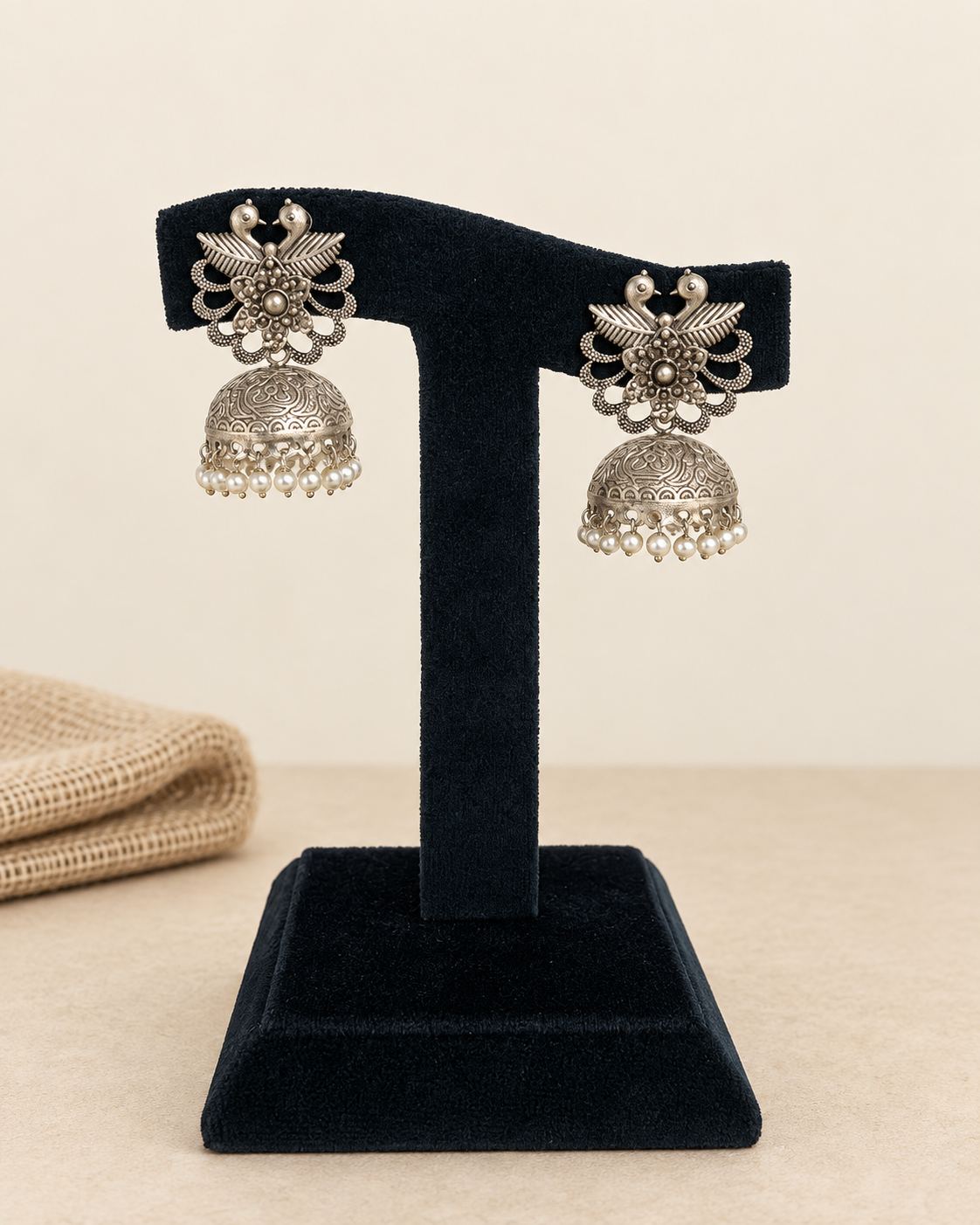 Oxidized Twin Peacock Filigree Jhumka Earrings