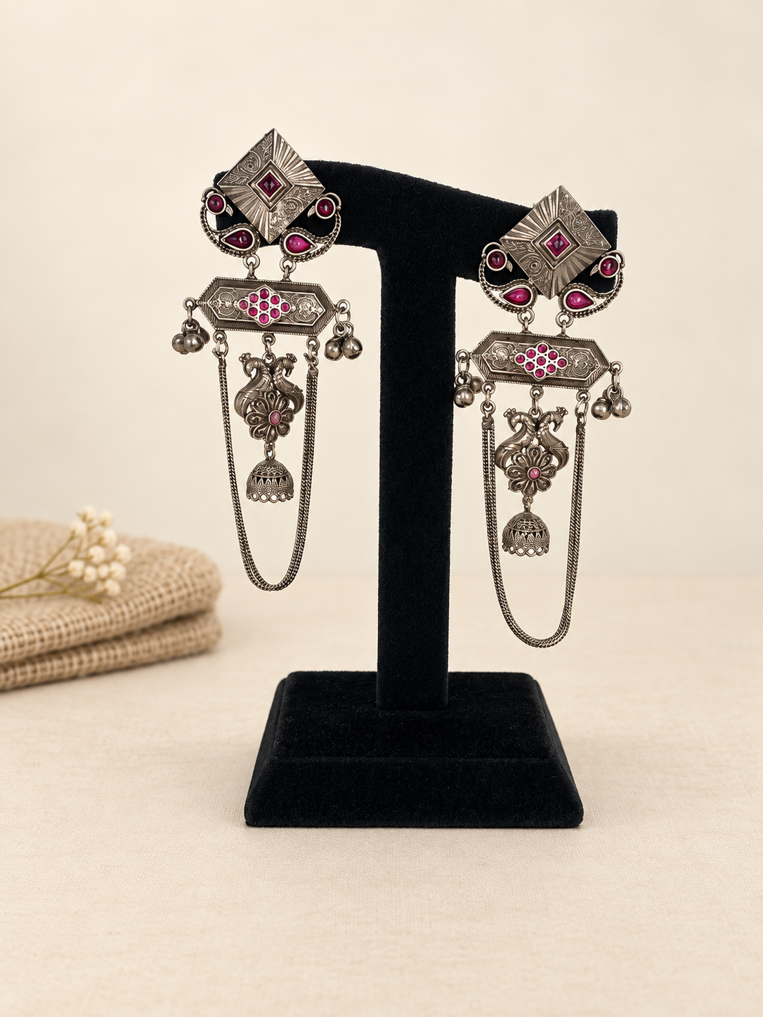Oxidized Red Peacock Long-Chain Jhumka Earrings