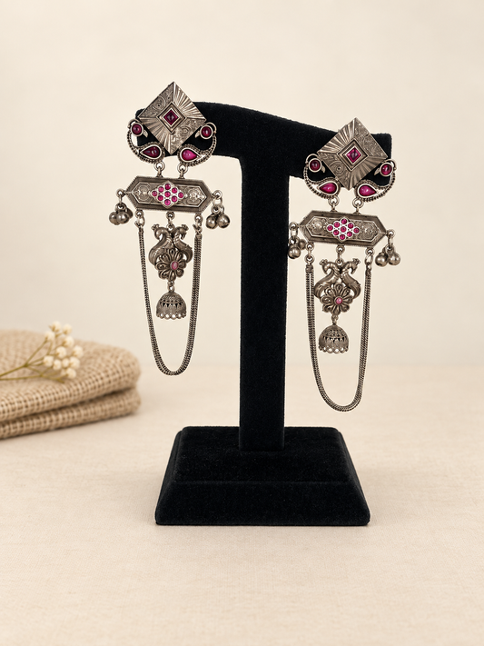 Oxidized Red Peacock Long-Chain Jhumka Earrings