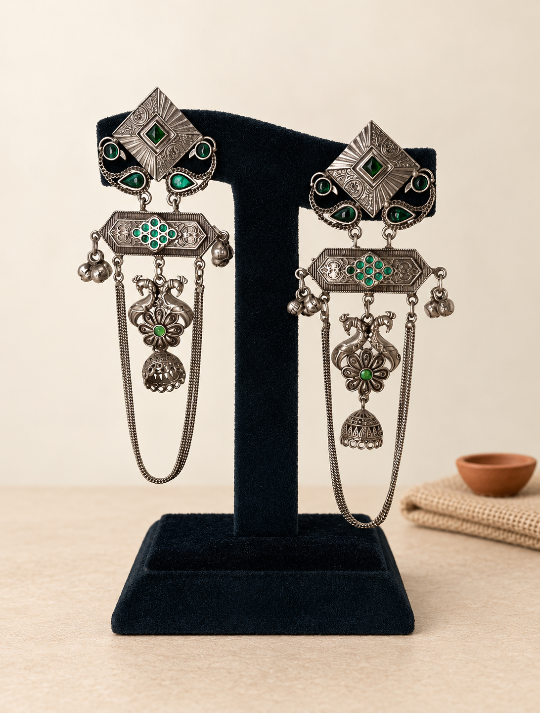 Oxidized Green Peacock Long-Chain Jhumka Earrings