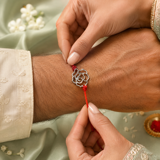 Rose Handcrafted 92.5 Silver Rakhi with Red Thread