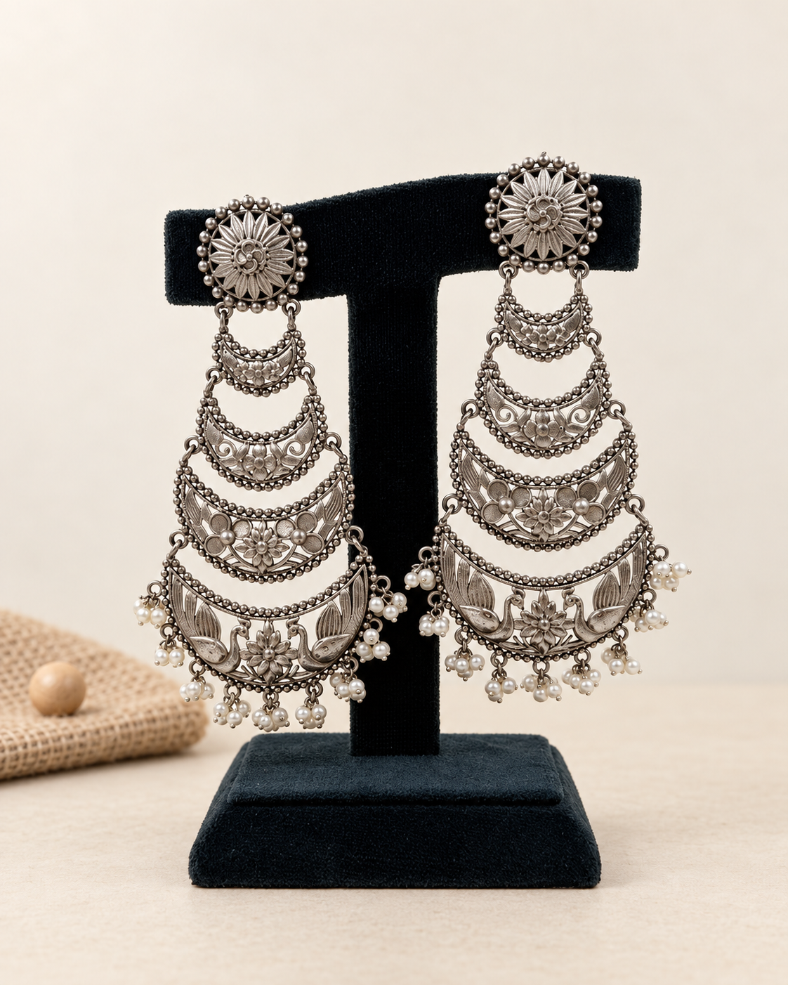 Oxidized Multi-Tier Peacock Chandbali Earrings