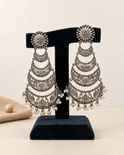 Oxidized Multi-Tier Peacock Chandbali Earrings
