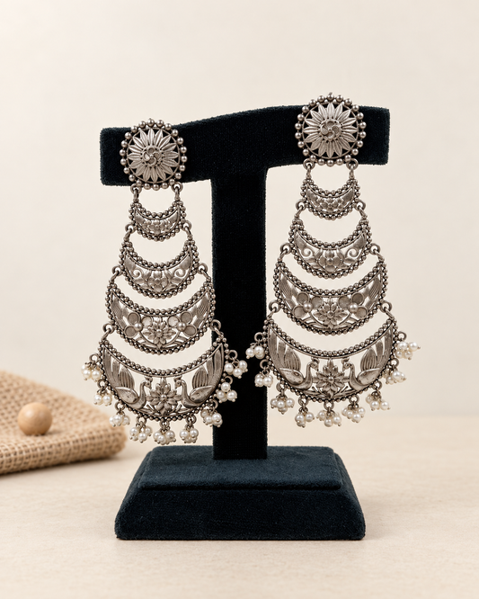 Oxidized Multi-Tier Peacock Chandbali Earrings
