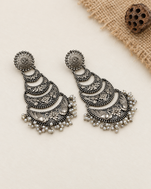 Oxidized Multi-Tier Peacock Chandbali Earrings