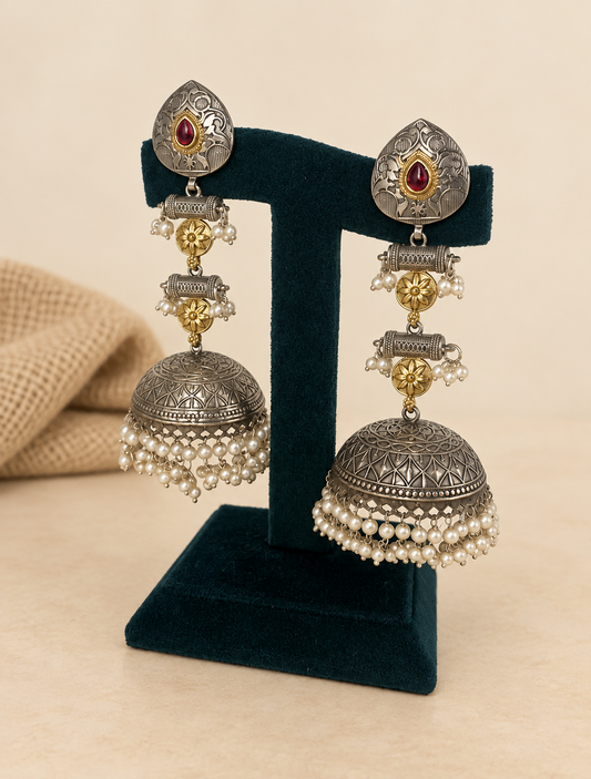 Oxidized Dual-Tone Kashmiri Jhumka Earrings