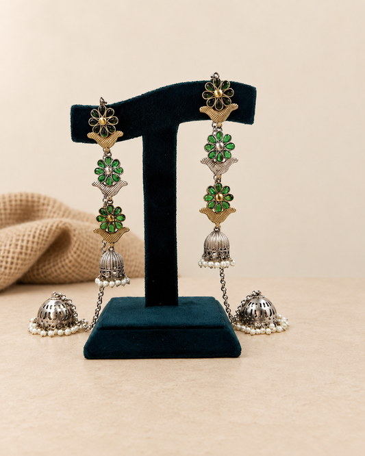 Oxidized Floral Bahubali Jhumka Chain Earrings