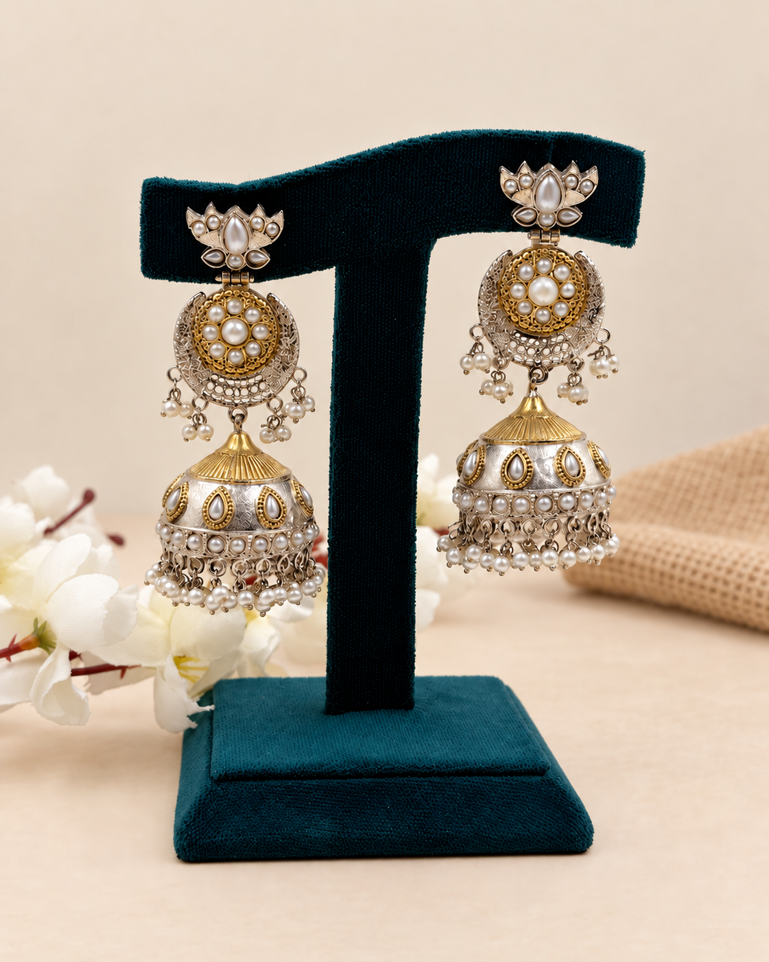 Oxidized Dual-Tone Lotus Pearl Jhumka Earrings