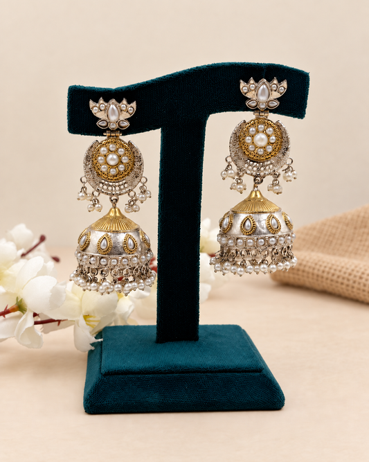 Oxidized Dual-Tone Lotus Pearl Jhumka Earrings