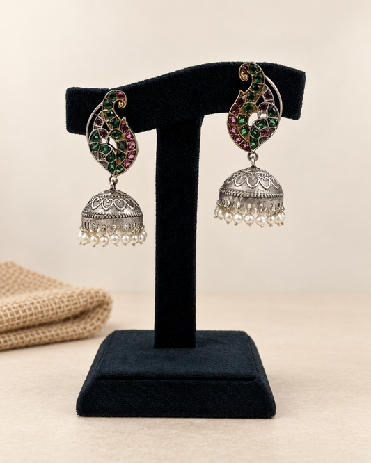 Oxidized Paisley Stone & Pearl Jhumka Earrings