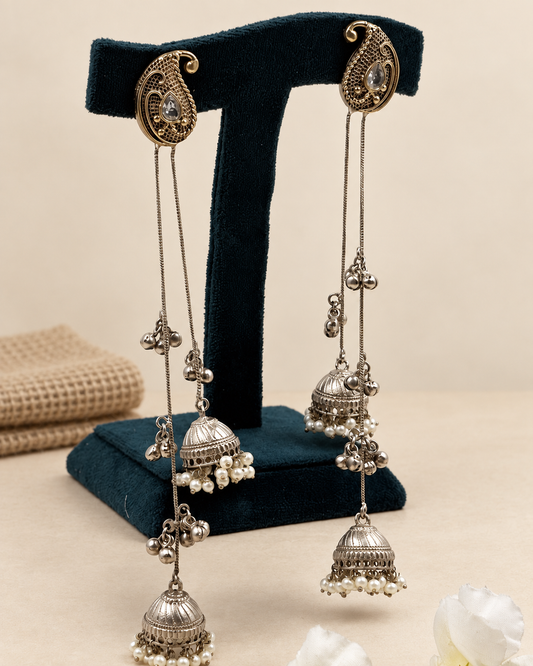 Oxidized Paisley Jhumka Shoulder-Duster Earrings