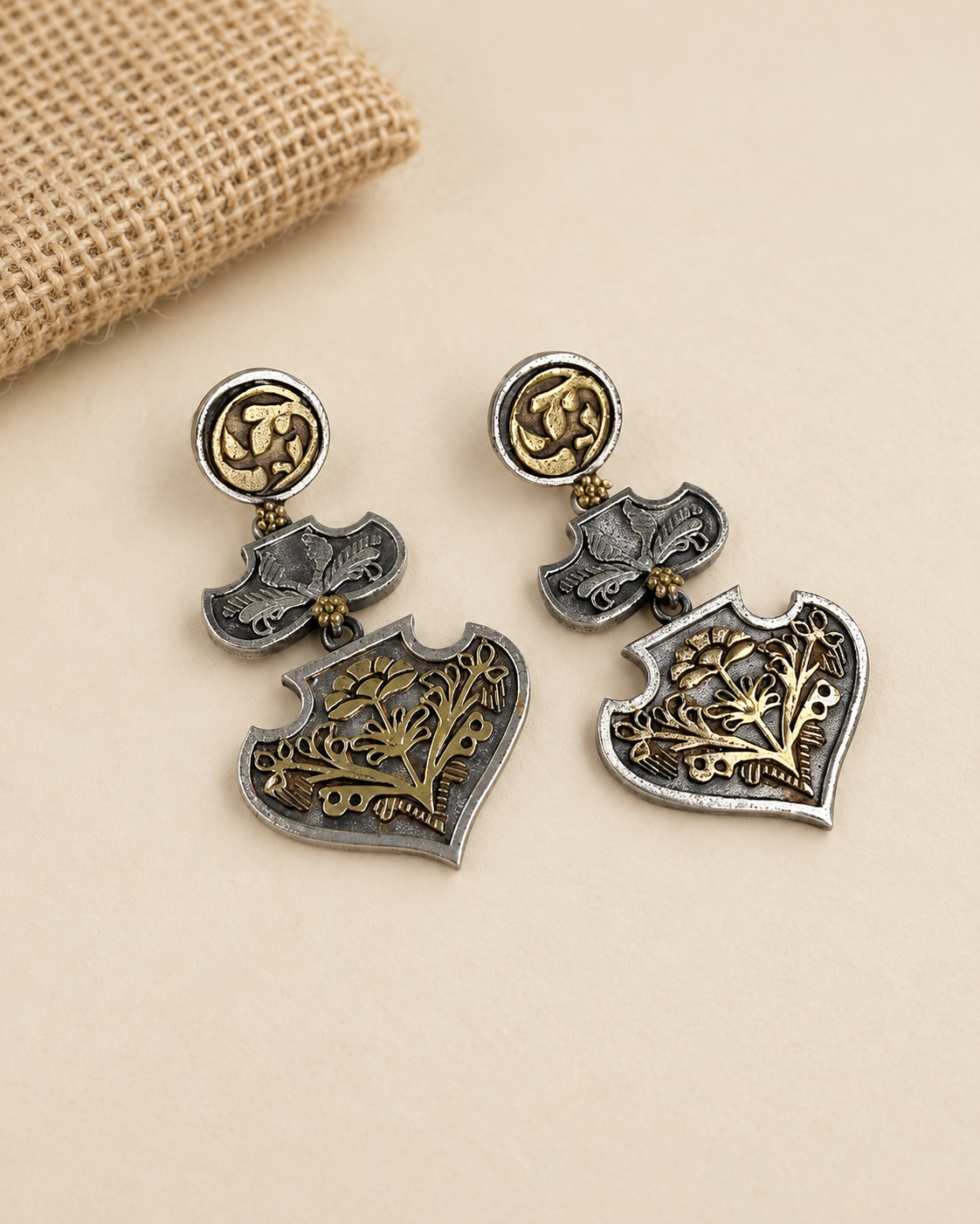 Oxidized Dual-Tone Floral Shield Drop Earrings