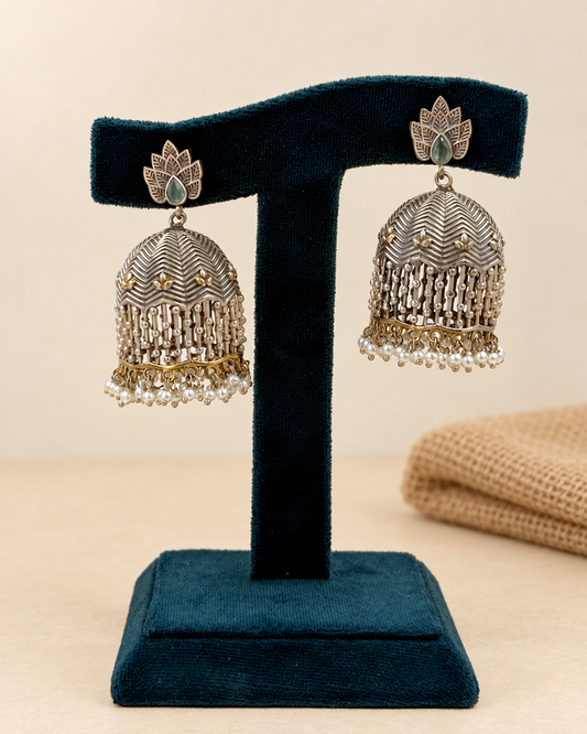 Oxidized Lotus Birdcage Brass Jhumka Earrings