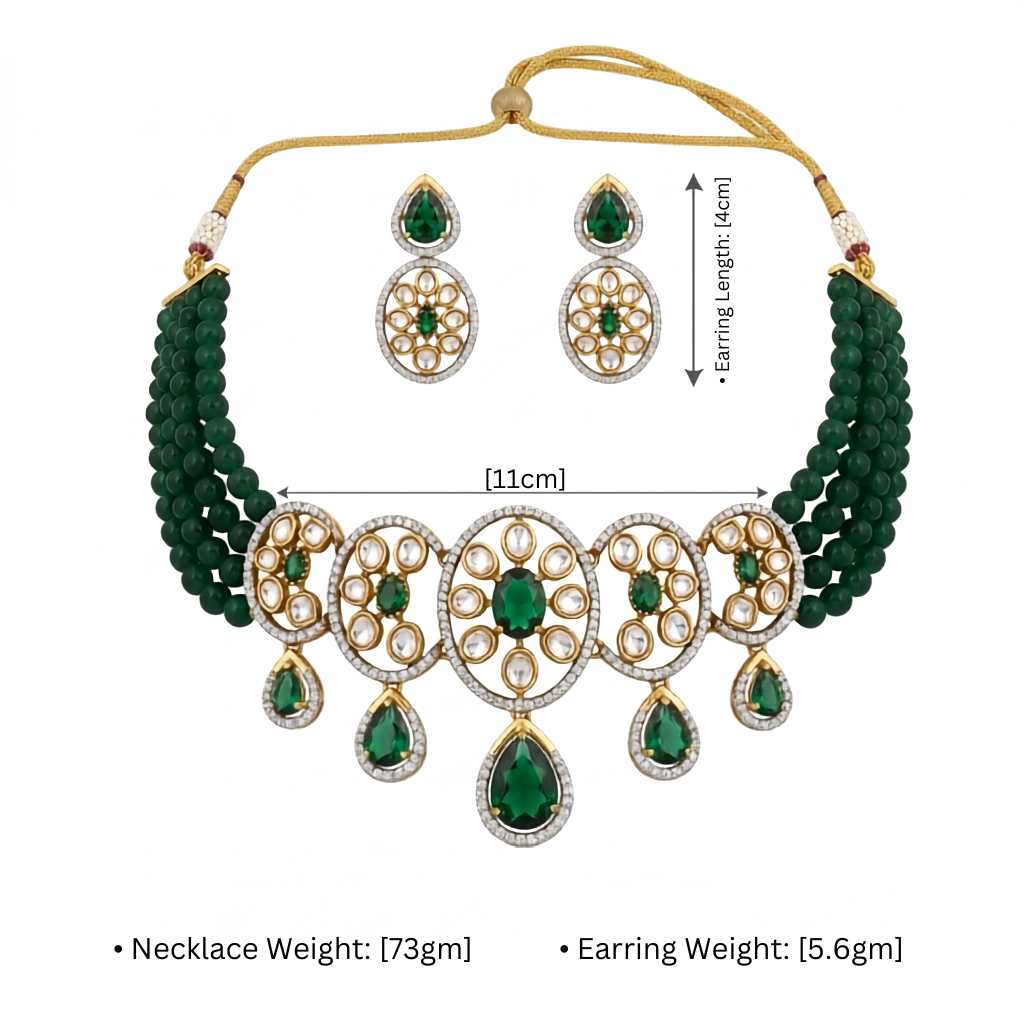 Green Beaded Kundan Choker Necklace Set with Drop Earrings