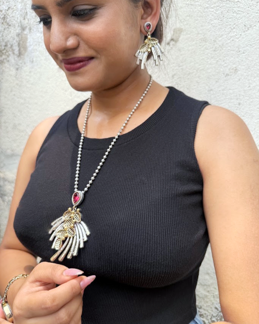 Oxidised Botanical Burst Pendant Necklace Set