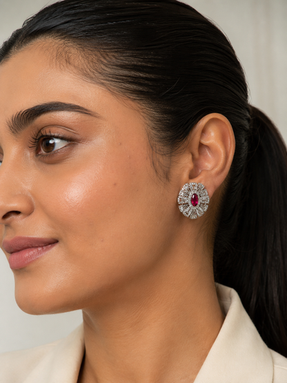 Bold Dark Pink Crystal Halo Cocktail Stud Earrings