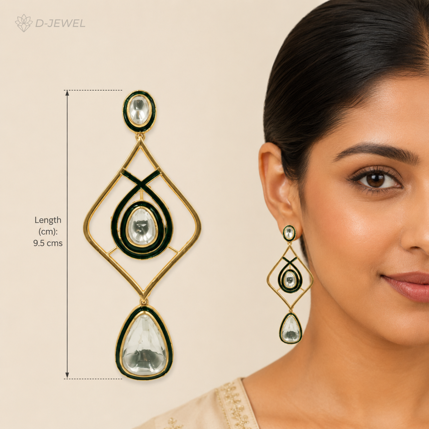 Green White Kundan Fashion Earrings with Enamel Detailing