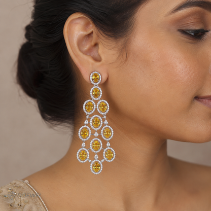 Yellow Crystal Chandelier Cocktail Earrings Silver Tone