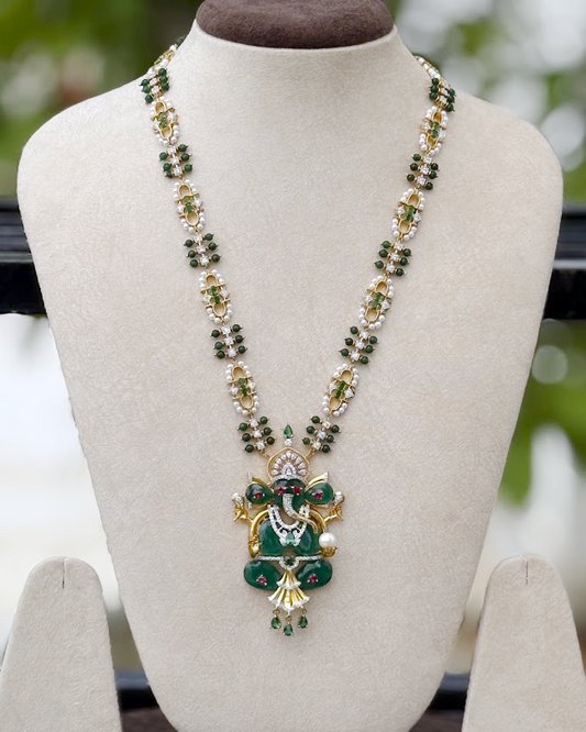 Green Onyx Ganesha Temple Long Necklace