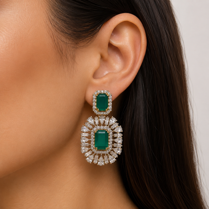 Emerald Green Crystal Halo Stud Earrings Gold Plated