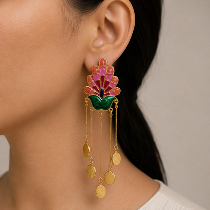 Boho Gold Peacock Coin Dangler Earrings for Festive Glam