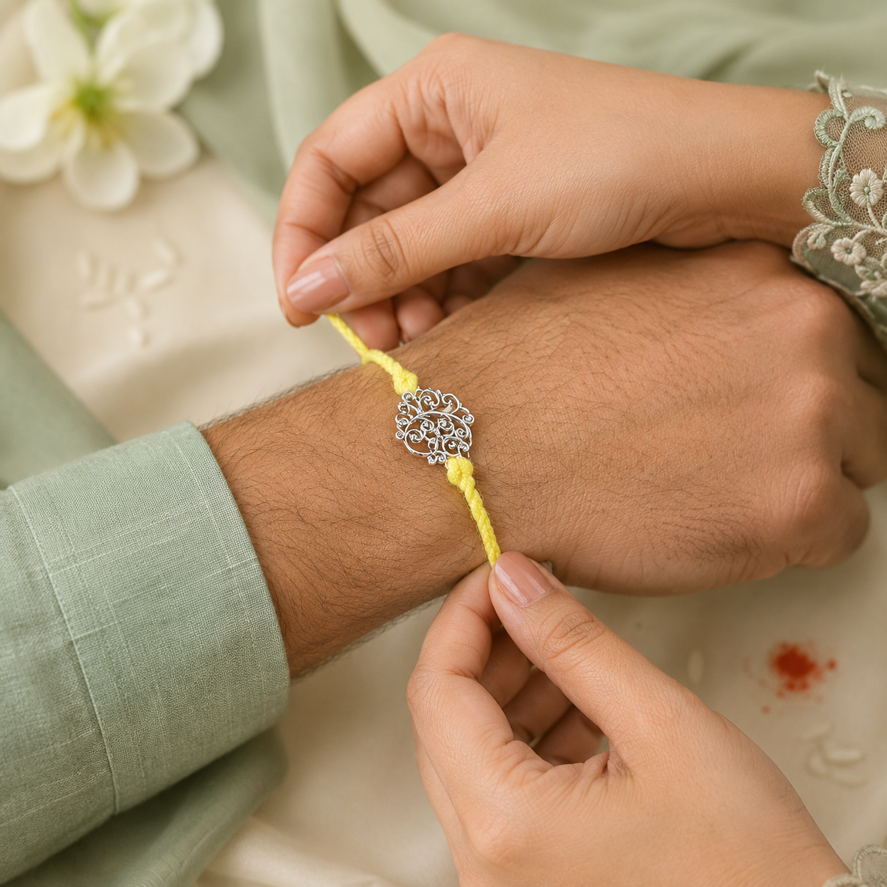 Filigree Leaf Handcrafted 92.5 Silver Rakhi with Yellow Thread