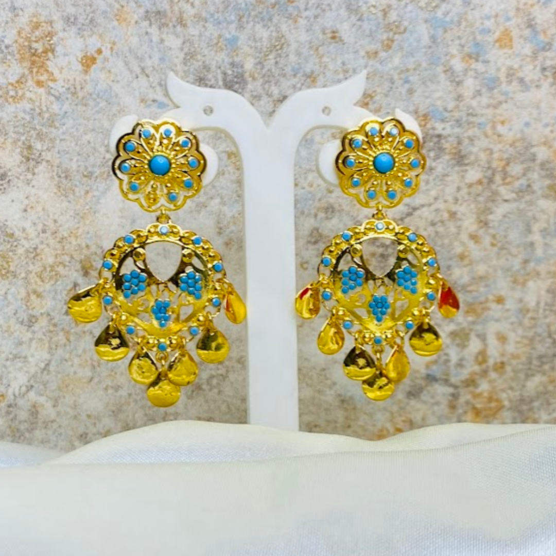 22KT Gold Plated Firoza Floral Tassel Jhumka Earrings Blue